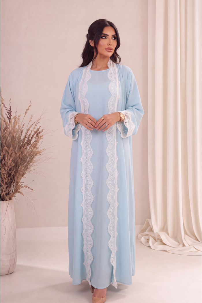 Céleste Abaya – Powder Blue Scalloped Lace Open Abaya