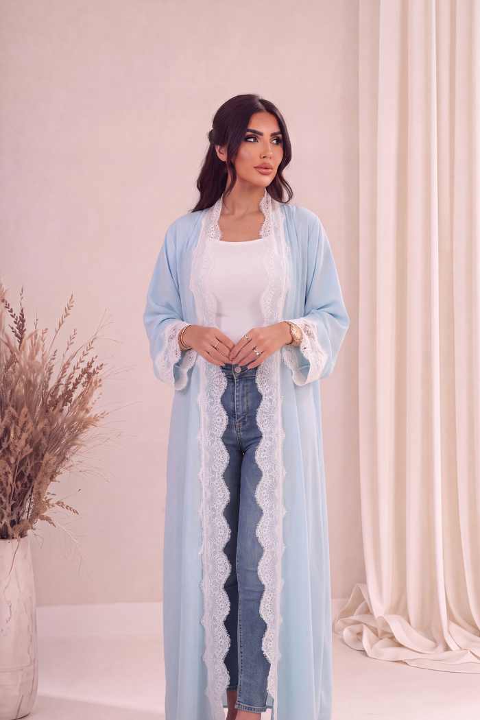Céleste Abaya – Powder Blue Scalloped Lace Open Abaya