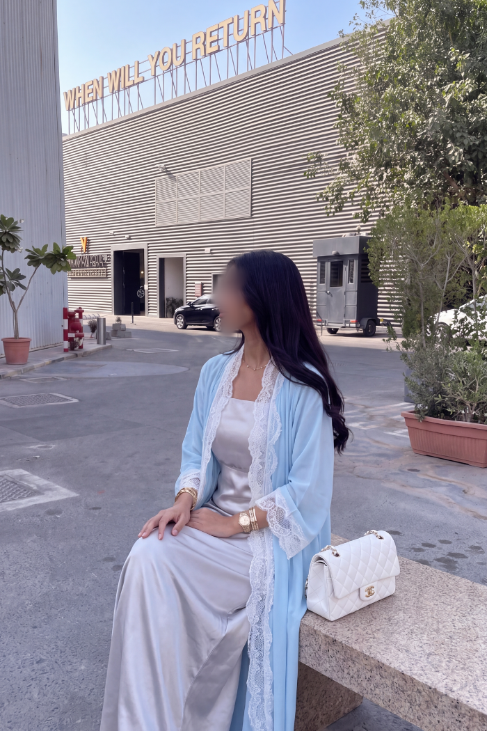 Céleste Abaya – Powder Blue Scalloped Lace Open Abaya