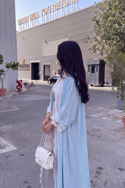 Céleste Abaya – Powder Blue Scalloped Lace Open Abaya