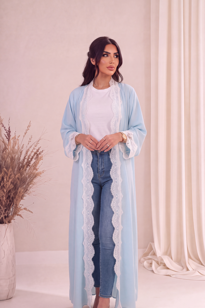 Céleste Abaya – Powder Blue Scalloped Lace Open Abaya
