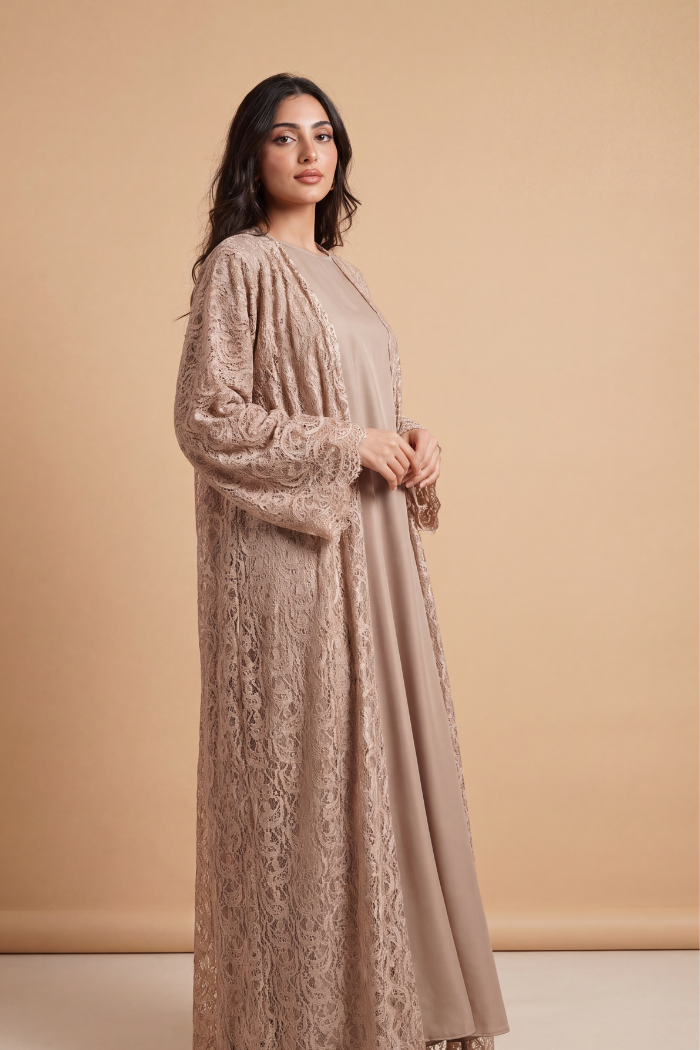 Chantilly Abaya – Corded Lace Set, Soft Almond