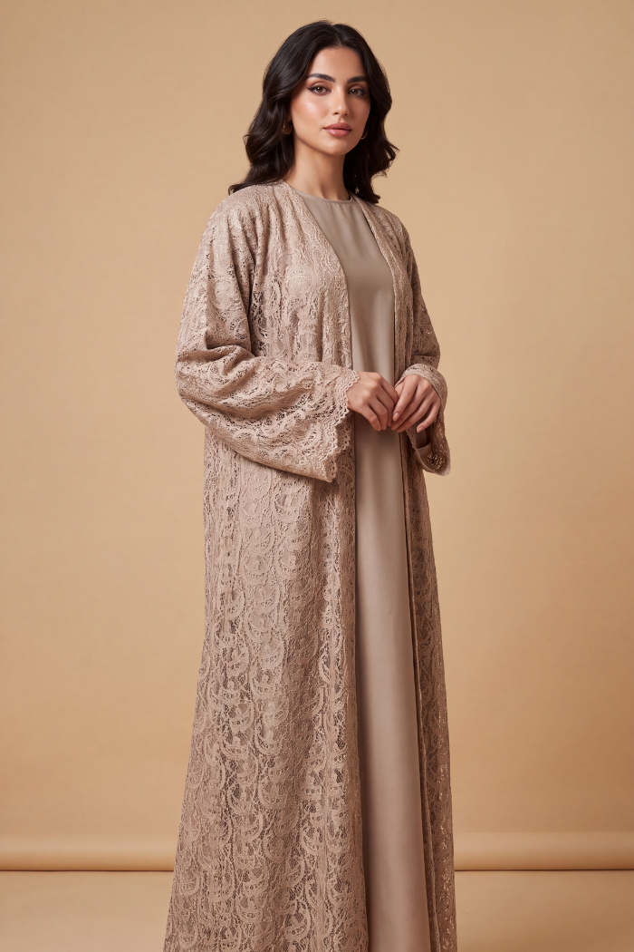 Chantilly Abaya – Corded Lace Set, Soft Almond