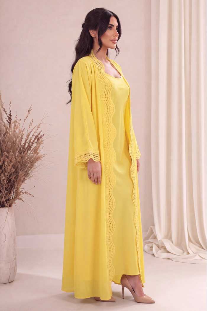 Mimosa Abaya – Sun Yellow Chiffon with Scalloped Crochet