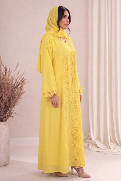 Mimosa Abaya – Sun Yellow Chiffon with Scalloped Crochet
