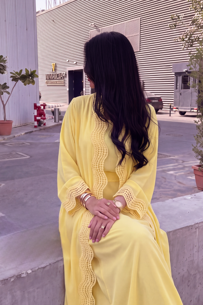Mimosa Abaya – Sun Yellow Chiffon with Scalloped Crochet