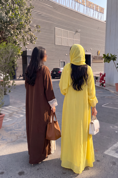 Mimosa Abaya – Sun Yellow Chiffon with Scalloped Crochet