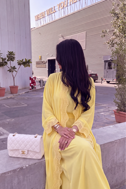 Mimosa Abaya – Sun Yellow Chiffon with Scalloped Crochet