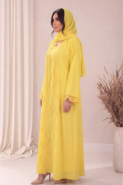 Mimosa Abaya – Sun Yellow Chiffon with Scalloped Crochet