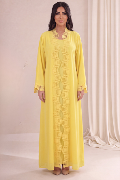 Mimosa Abaya – Sun Yellow Chiffon with Scalloped Crochet